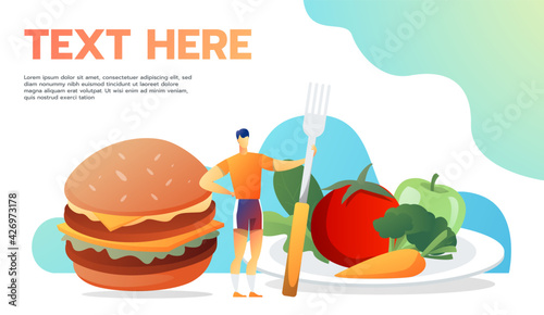 Useful and useless food. Man decide to eat. Vector flat illustration