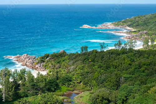 Aerial view of the coastline of Grand Anse and the Indian Ocean  La Digue Island  Seychelles