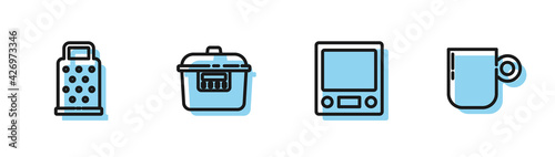 Set line Electronic scales, Grater, Slow cooker and Coffee cup icon. Vector