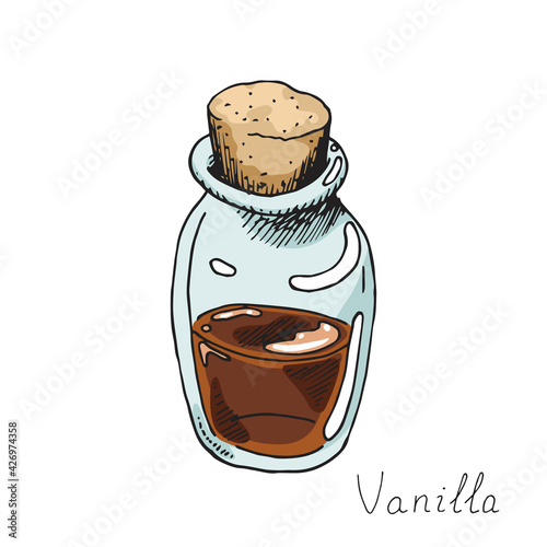 Small glass bottle of aroma oil with a cork. Isolated illustration on white background. Hand-drawn ink sketch.