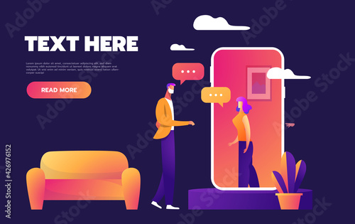 Stay at home concept flat style vector illustration. Young couple making video call working and chatting.