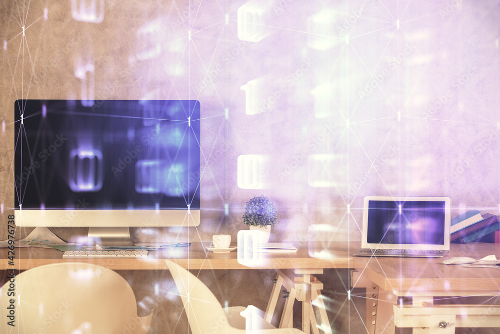 Fototapeta premium Multi exposure of data theme drawing and office interior background. Concept of technology.