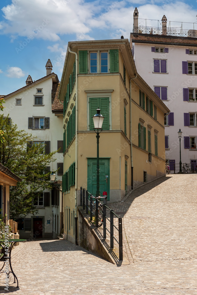 ZURICH, SWITZERLAND: Old town street on a sunny day.