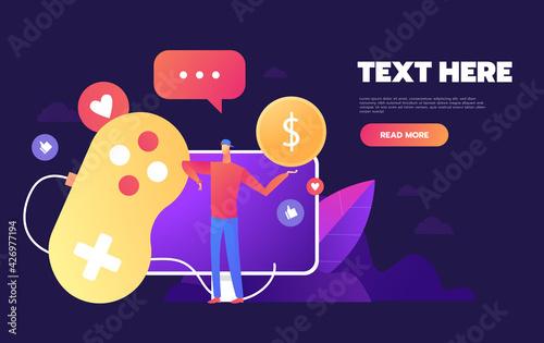 Video game screen and gamer person playing online console controller on computer. Creative design development vector illustration