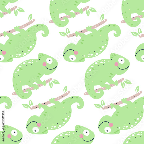 Childish seamless pattern with chameleons.