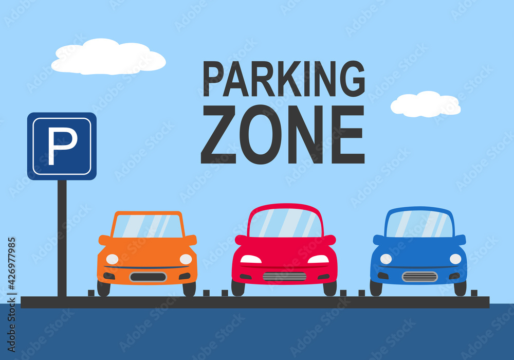 City car park with a set of different cars and parking sign in flat design. Parking area. City car park with a set of different cars and parking sign in flat design. Parking area.