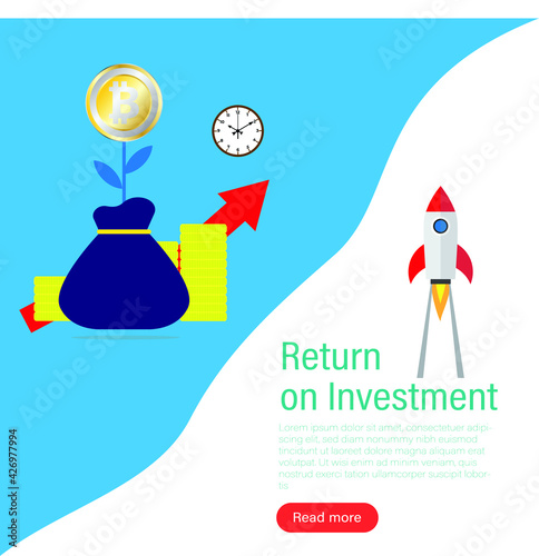 A vector of Bitcoin in tree shape, bag, clock, coin, graph and rocket as return on investment concept. Trading bitcoin is starting giving high return to investor.