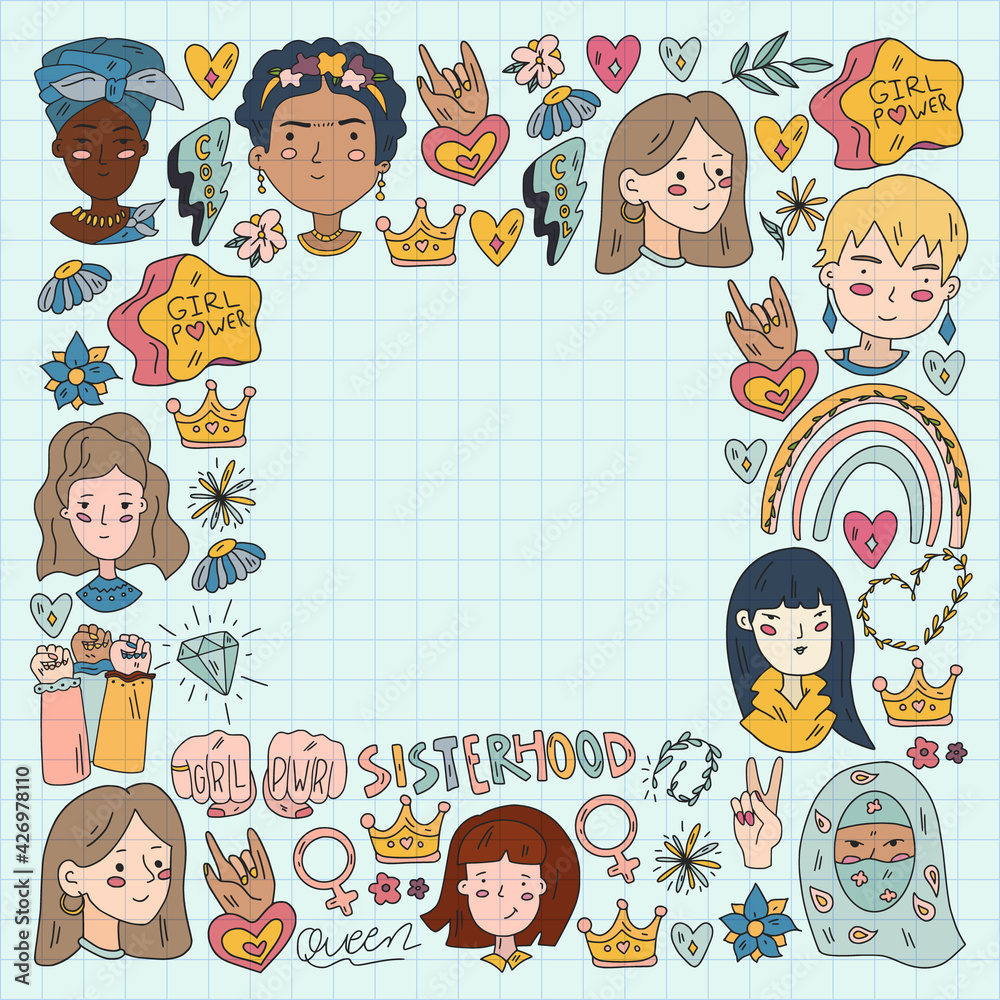Femenism. Woman. 8 march. Pattern with asian, afro-american, caucasian girls. Sisterhood with indian woman. People society. Femenism. Woman. 8 march. Pattern with asian, afro-american, caucasian girls. Sisterhood with indian woman. People society.