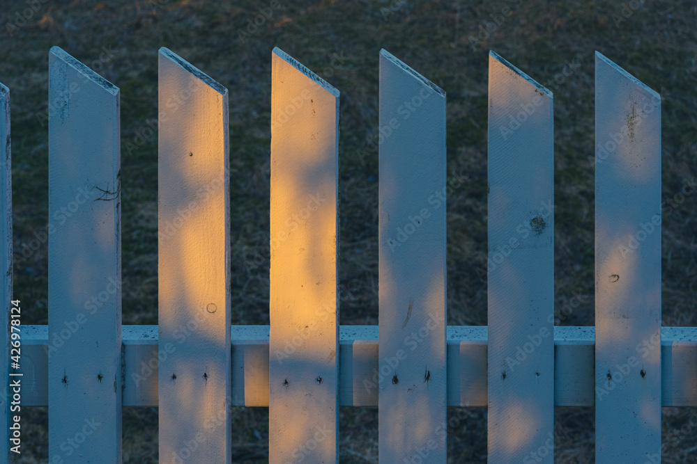 Picket fence hit by the first morning light in spring. Picket fence hit by the first morning light in spring.