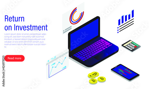 A vector of cryptocurrency trading with Return on Investment and read more tab. Cryptocurrency is making good return for investment.