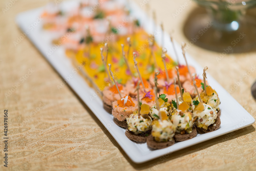 buffet food, catering food party at restaurant, mini canapes, snacks and appetizers buffet food, catering food party at restaurant, mini canapes, snacks and appetizers