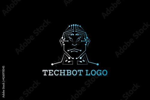 Vector logo element with a male robot illustration of an electronic circuit or DNA pattern. Usable for application logos, games, robotics, artificial intelligence and general tech logos.