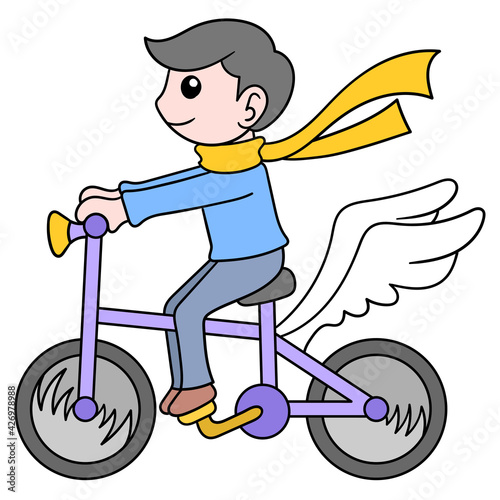 boy playing riding bicycle with flying wings. doodle icon image kawaii