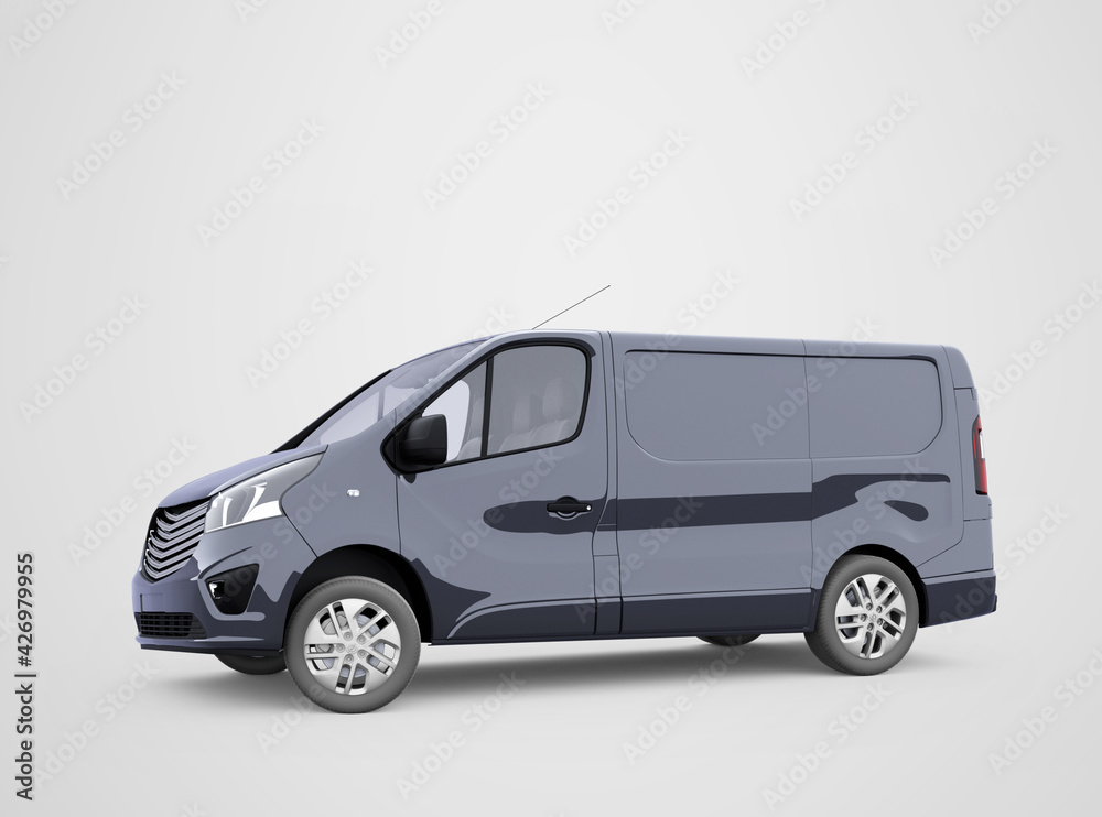 3d render blue minibus illustration on gray background with shadow