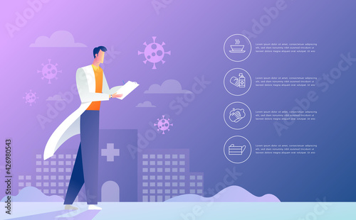 Coronavirus preventions. Doctor explain Infographics, wear face mask,wash hands,eat hot foods and avoid going risk places. Vector illustration