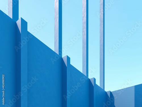 Architectural construction on blue sky. 3d render illustration. Simple angle  empty space for advertising text. Bright summer blue color. 