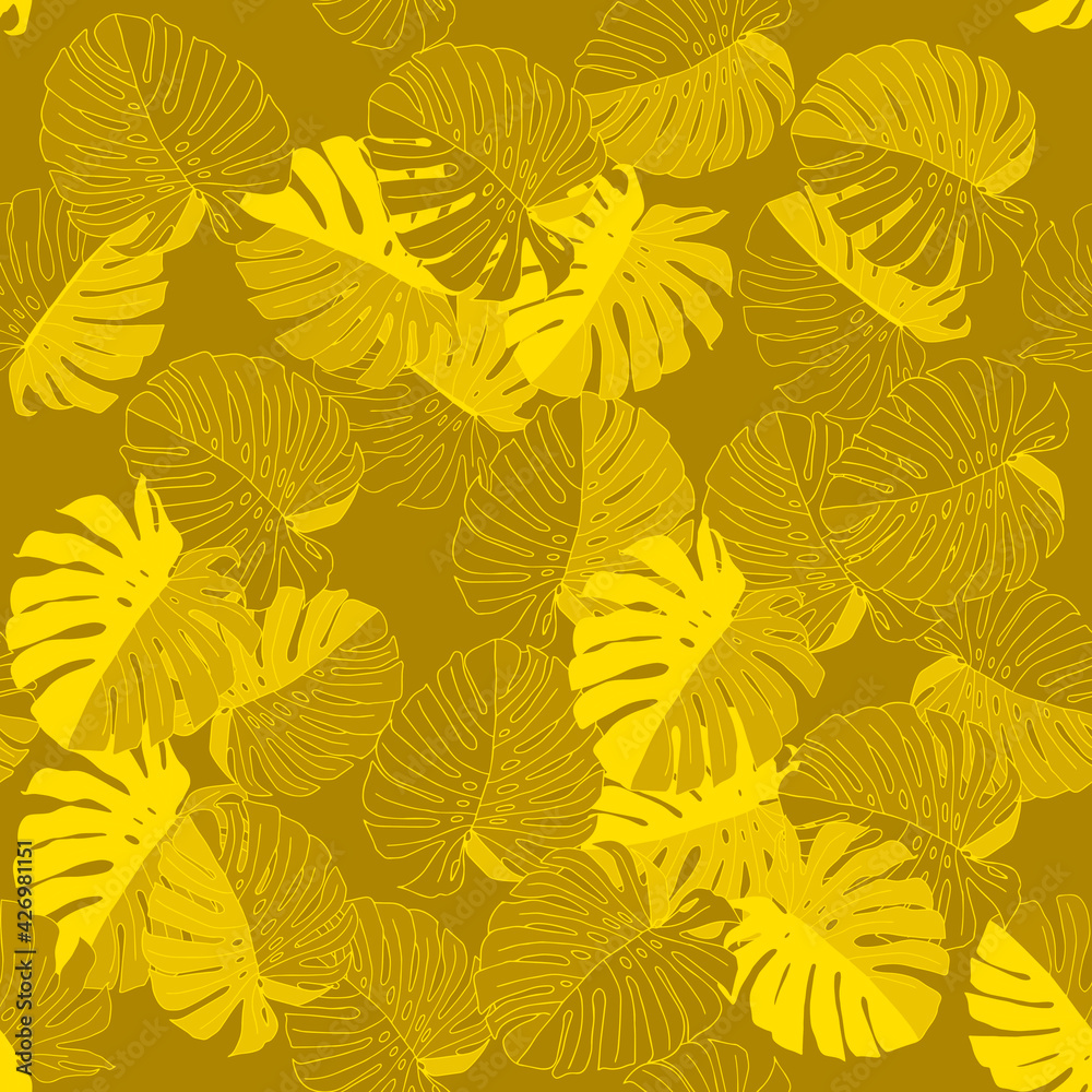 Yellow vector Illustration of leaves monstera. Seamless pattern