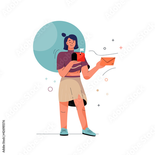 Check email concept. Woman holding letter in envelope and mailbox