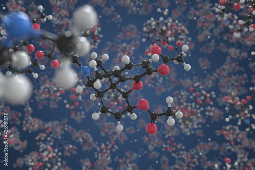 Heroin molecule made with balls, scientific molecular model. Chemical 3d rendering