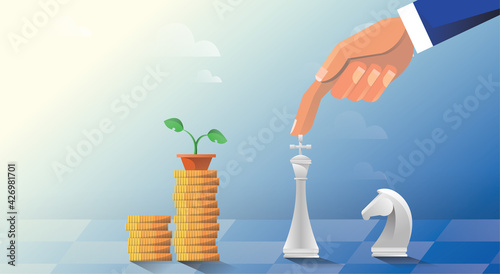 Man plays chess in the form of world currencies. Stock exchange and making money. Strategy and development of broker business. Vector illustration