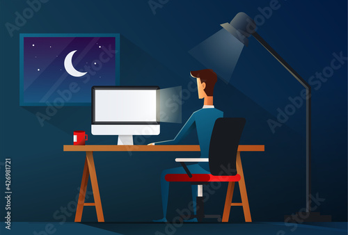 Business man working late night. workload concept - vector illustration