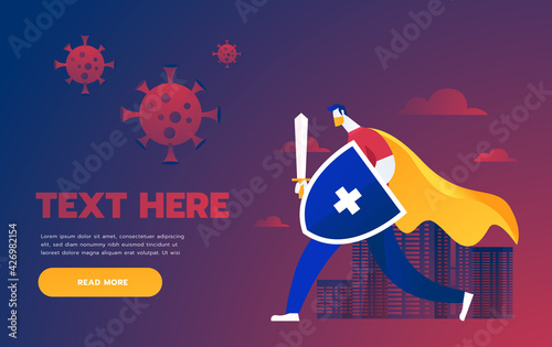 Man versus virus. A man doctor in medical mask and with a vaccine in hand fights with viral diseases. Vector illustration