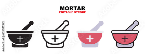 Mortar icon set with different styles. Icons designed in filled, outline, flat, glyph and line colored. Editable stroke and pixel perfect. Can be used for web, mobile, ui and more.