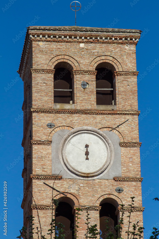 Clocktower at Papal Basilica of Saint Lawrence outside the Walls in Rome Italy,The monastery and the beautiful 12th century Romanesque bell tower are located next to the church.
