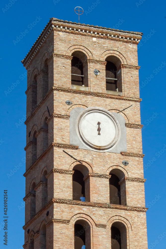 Clocktower at Papal Basilica of Saint Lawrence outside the Walls in Rome Italy,The monastery and the beautiful 12th century Romanesque bell tower are located next to the church.