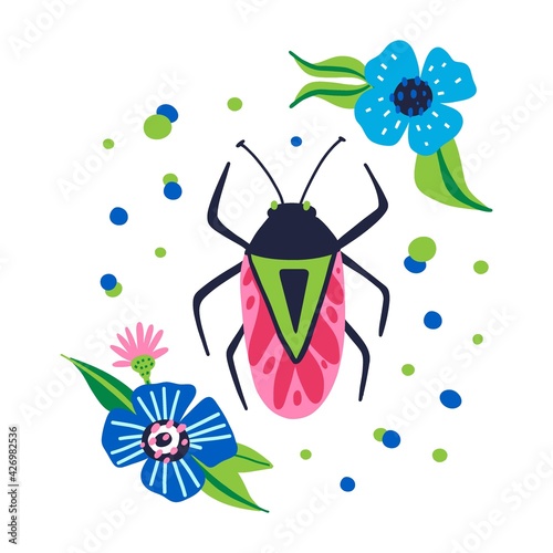 Cartoon beetle. Doodle bright colorful hand drawn bug with leaves and flowers, beautiful insect pink and blue colors modern decor element, vector isolated illustration, contemporary print or poster