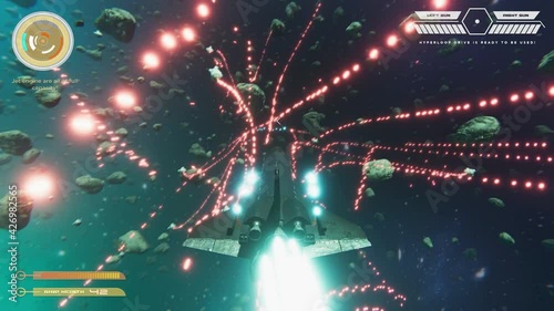 Mock-up fantasy space shooter video game, 3D VFX animation of cyberspace videogame with loosing game over graphics at the end. Gaming HUD render illustration, e sport competitive tournament gameplay