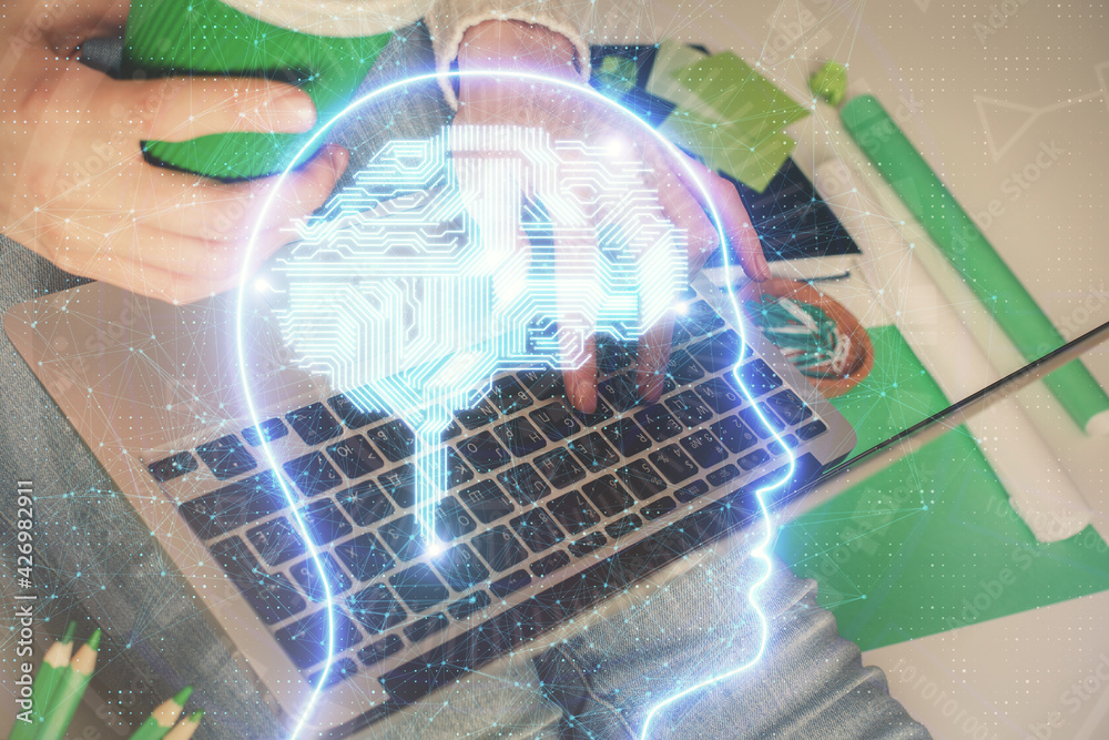 Double exposure of woman hands working on computer and brain hologram drawing. Ai concept. Double exposure of woman hands working on computer and brain hologram drawing. Ai concept.