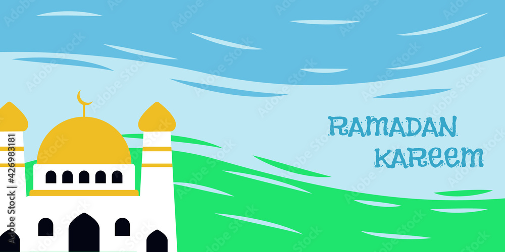 flat design drawing kid banner for ramadan mosque kareem. vector illustration