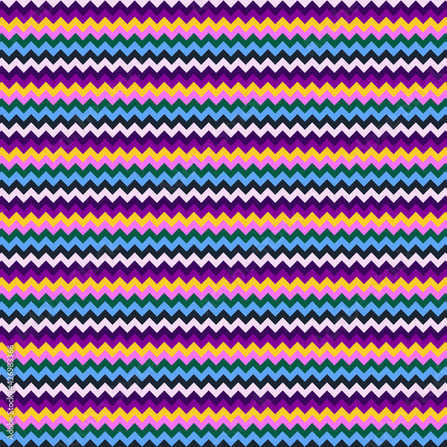 Vector graphics-seamless geometric pattern - multi-colored zigzag horizontal rows of trending colors. Concept-stretch fabric and background wallpaper