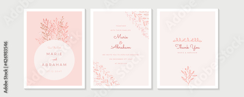 Elegant minimal line art watercolor wedding invitation card with greenery leaves. Minimalist wedding invitation card template design, floral black line art ink drawing with square frame on light grey