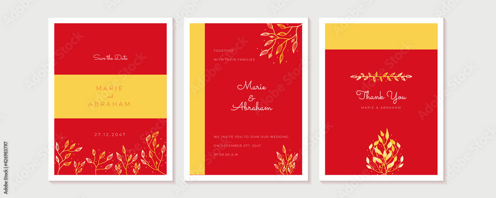 Fototapeta premium Elegant minimal line art watercolor wedding invitation card with greenery leaves. Minimalist wedding invitation card template design, floral black line art ink drawing with square frame on light grey