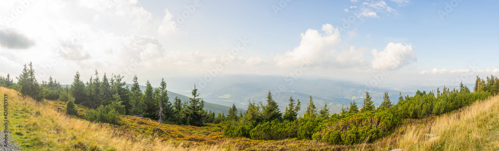 Panoramic view from the top of Serak mountain in Jesenik Czech Republic. Autumn mountains
