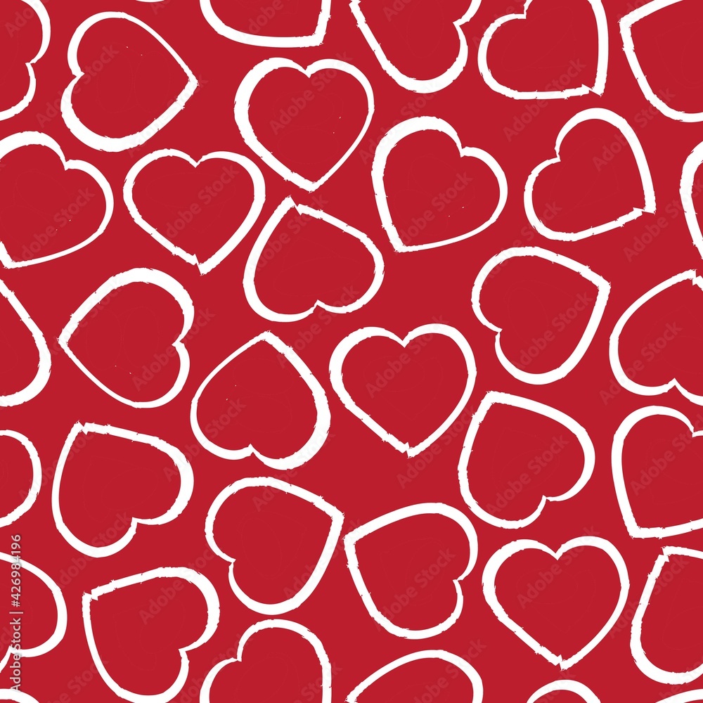 Fototapeta premium Red Heart shaped brush stroke seamless pattern background