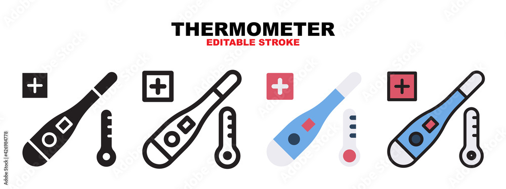 Thermometer icon set with different styles. Icons designed in filled, outline, flat, glyph and line colored. Editable stroke and pixel perfect. Can be used for web, mobile, ui and more.