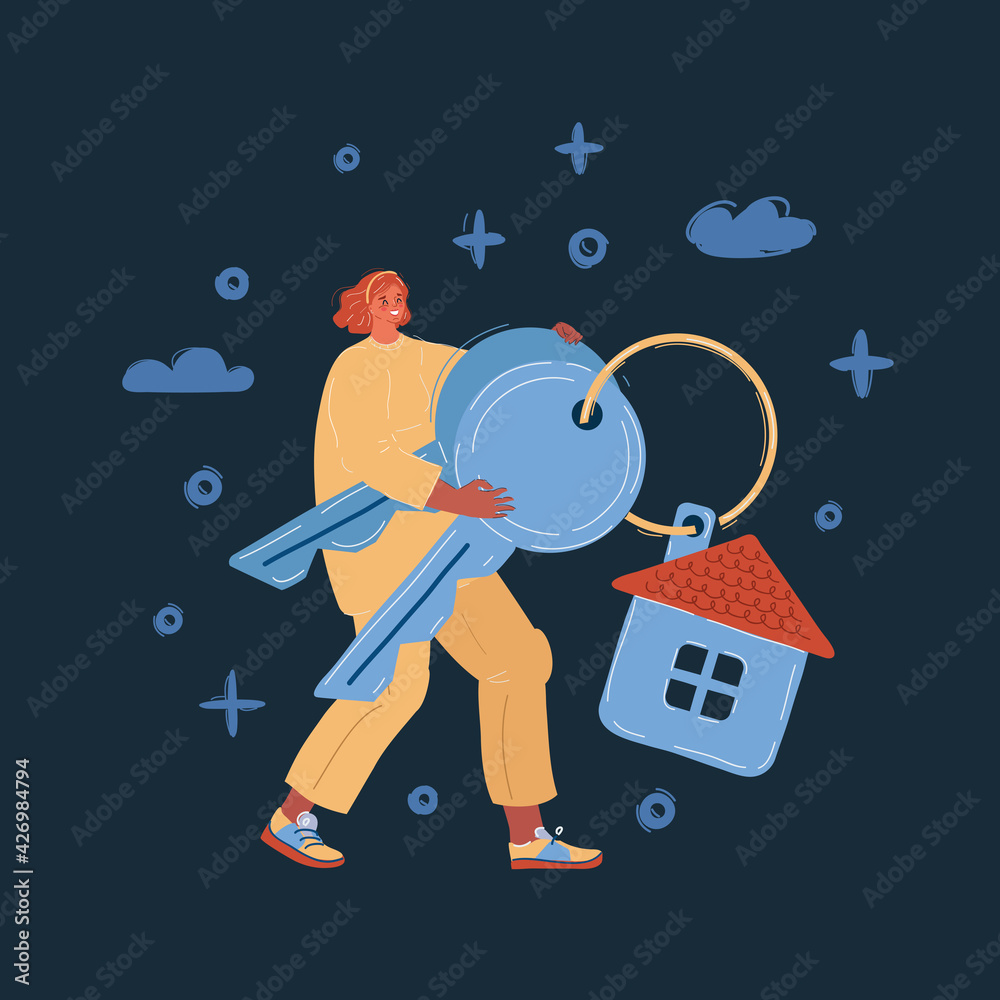 Naklejka premium Illustration of woman holding the key on dark.