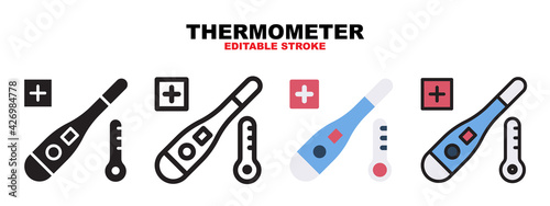 Thermometer icon set with different styles. Icons designed in filled, outline, flat, glyph and line colored. Editable stroke and pixel perfect. Can be used for web, mobile, ui and more.
