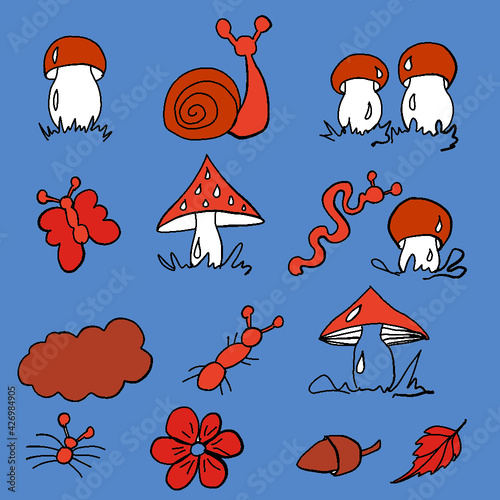 forest fruits, forest dwellers, mushrooms, white mushrooms, russula mushrooms,toadstools, chanterelles, worms, snails, butterflies, grass, ants, print for printing on a backpack, print for printing on