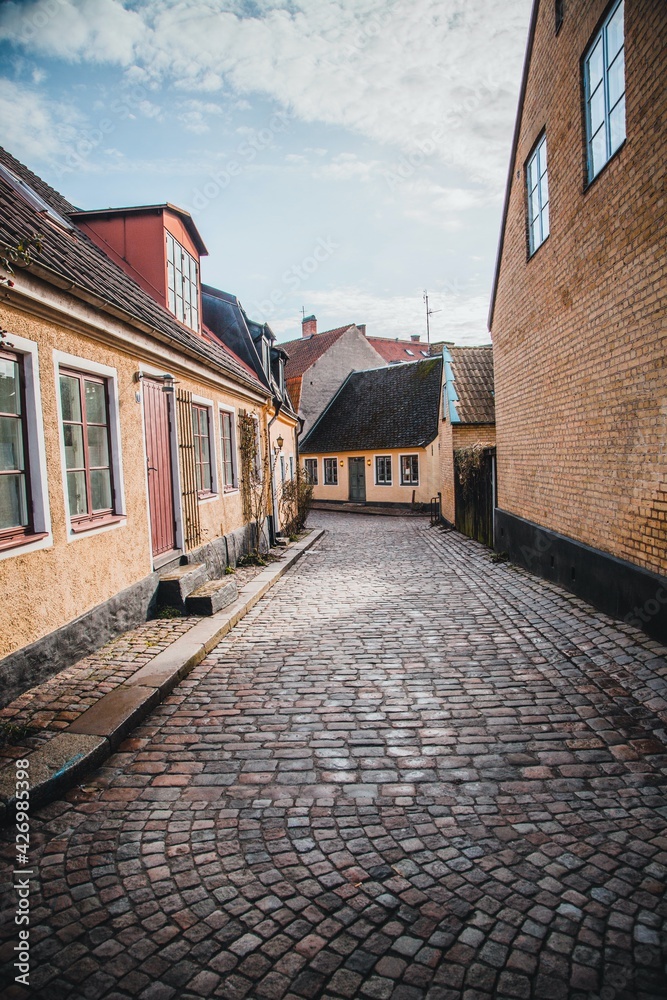 View down the cobblestone streets in Lund, Sweden