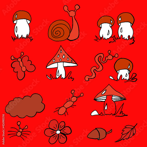 forest fruits, forest dwellers, mushrooms, white mushrooms, russula mushrooms,toadstools, chanterelles, worms, snails, butterflies, grass, ants, print for printing on a backpack, print for printing on