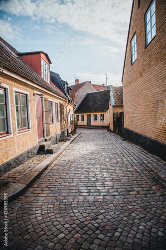View down the cobblestone streets in Lund  Sweden