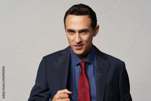 business man in blue shirt jacket red tie light background work manager