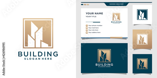 Building logo with square concept. Logo and business card design. Premium Vector