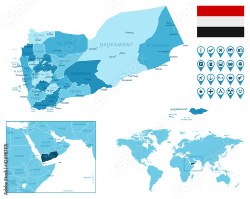 Yemen detailed administrative blue map with country flag and location on the world map.