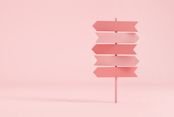 Crossroads signpost in pastel pink colors. 3d rendering