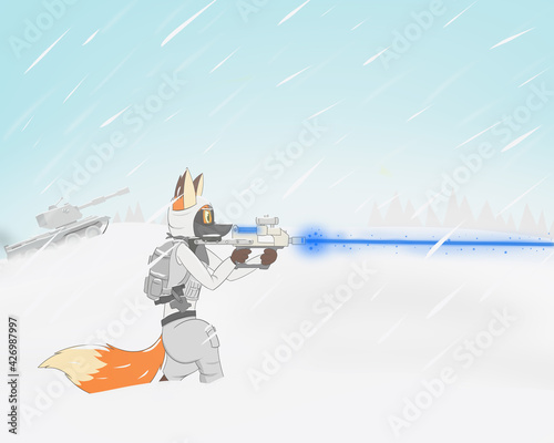 Fox soldier fires laser rifle during snowfall